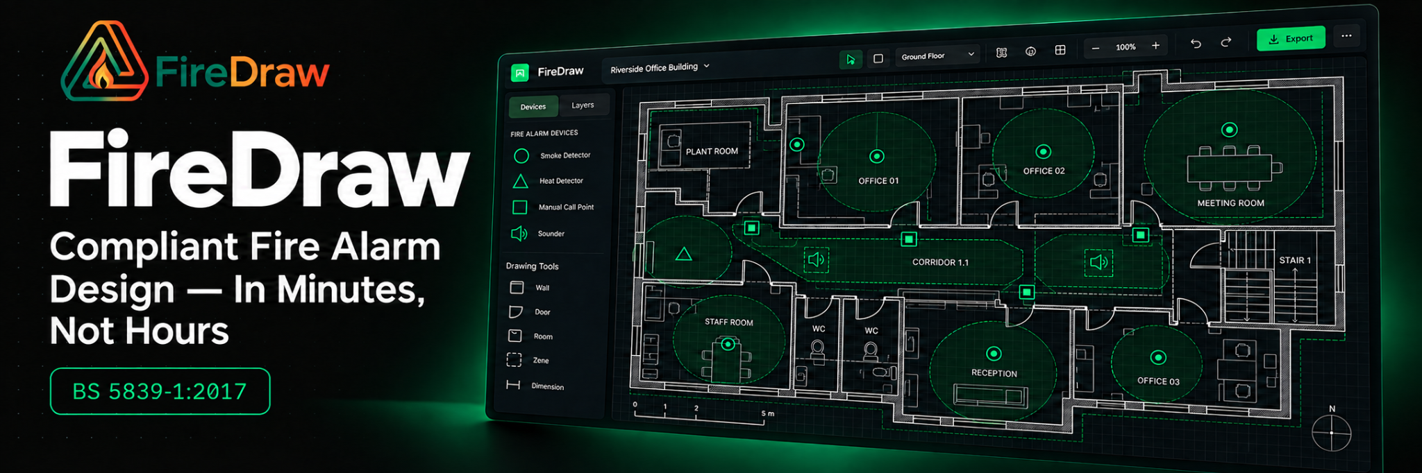 FireDraw fire alarm design workspace and floor plan