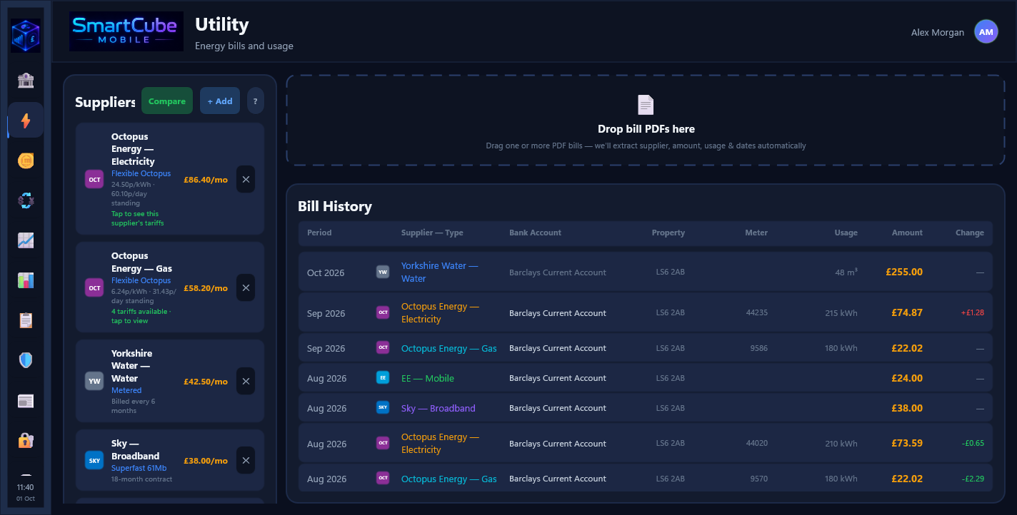SmartCube Mobile development screenshot: utility bills