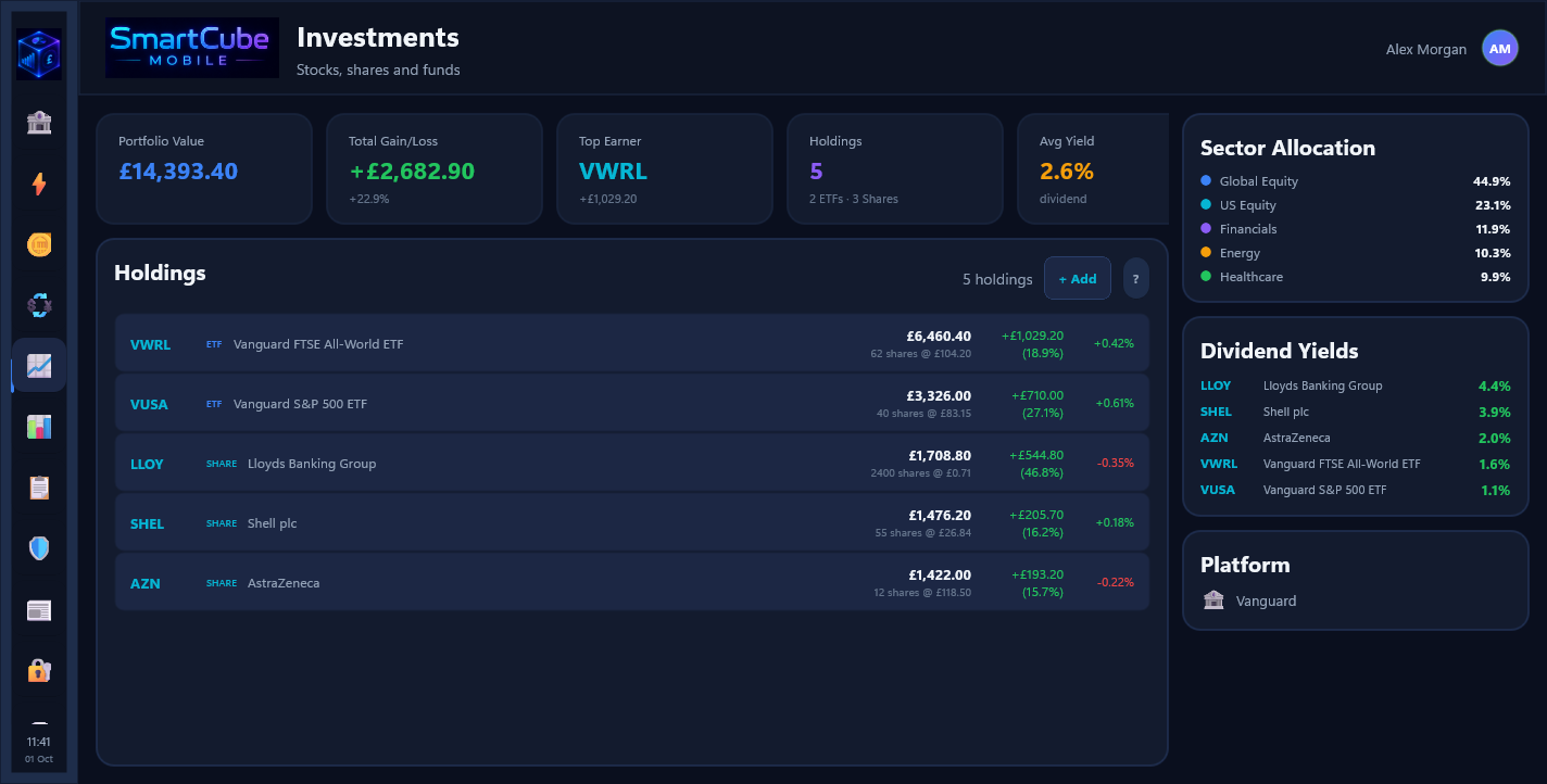 SmartCube Mobile development screenshot: investments