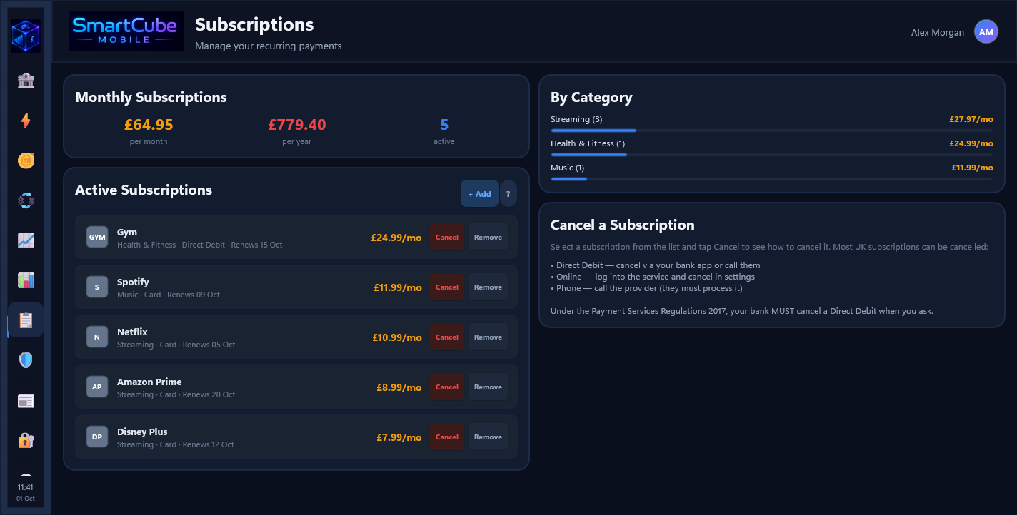 SmartCube Mobile development screenshot: subscriptions