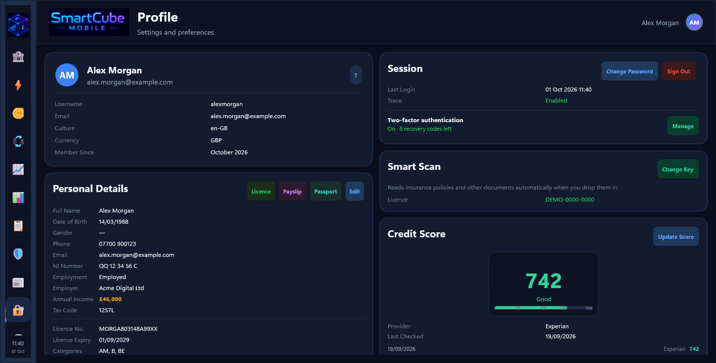 SmartCube Mobile development screenshot: profile and security