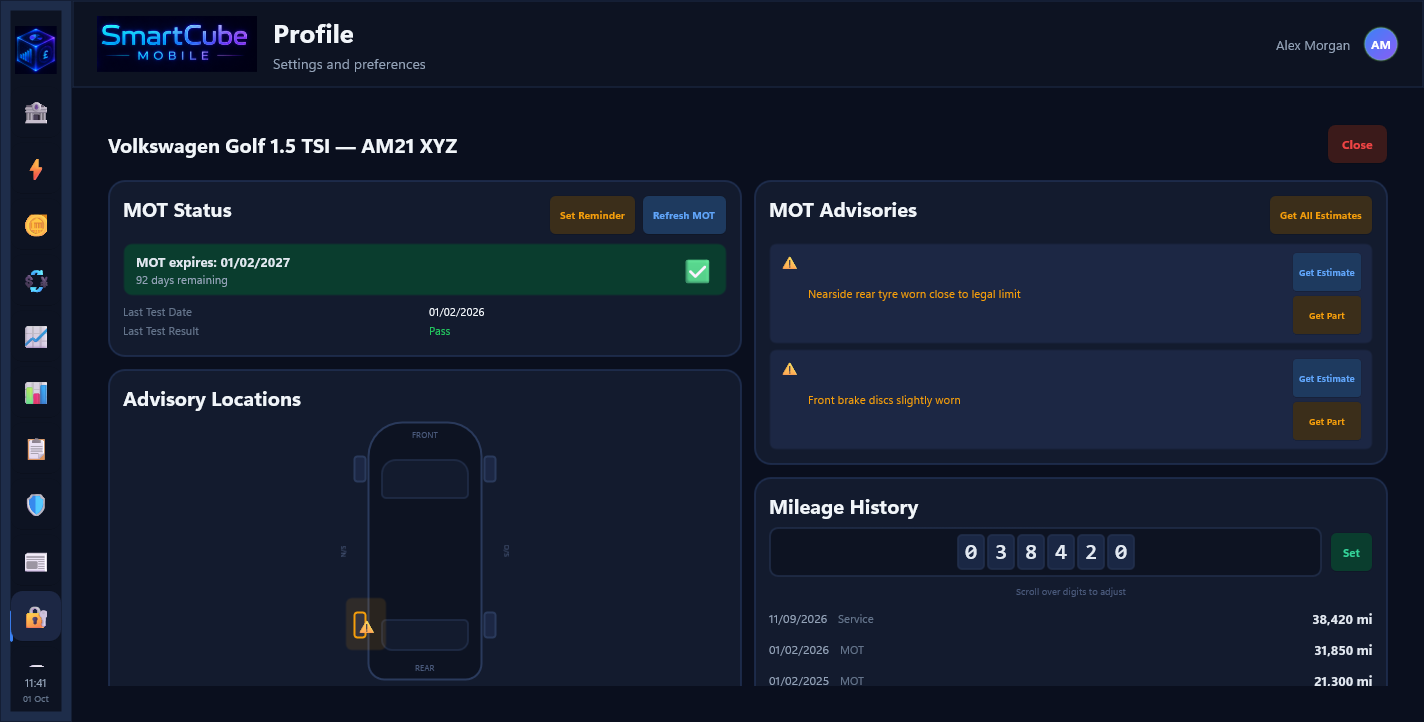 SmartCube Mobile development screenshot: vehicle and mot