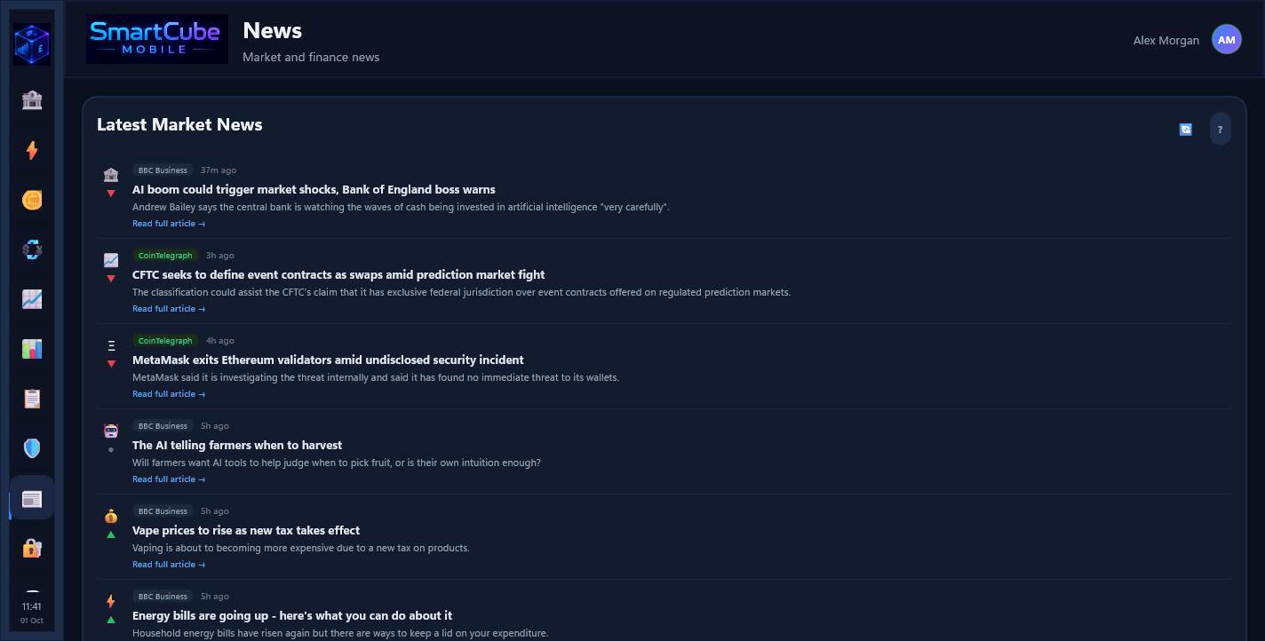 SmartCube Mobile development screenshot: money news