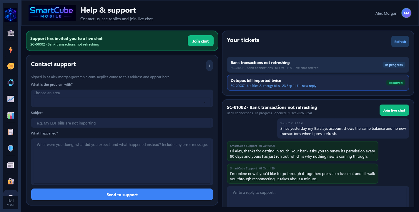 SmartCube Mobile development screenshot: help and support