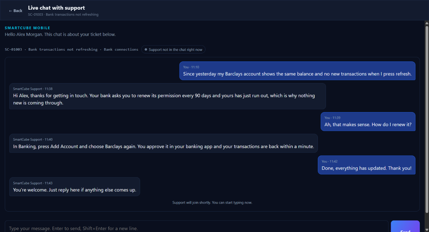 SmartCube Mobile development screenshot: live chat