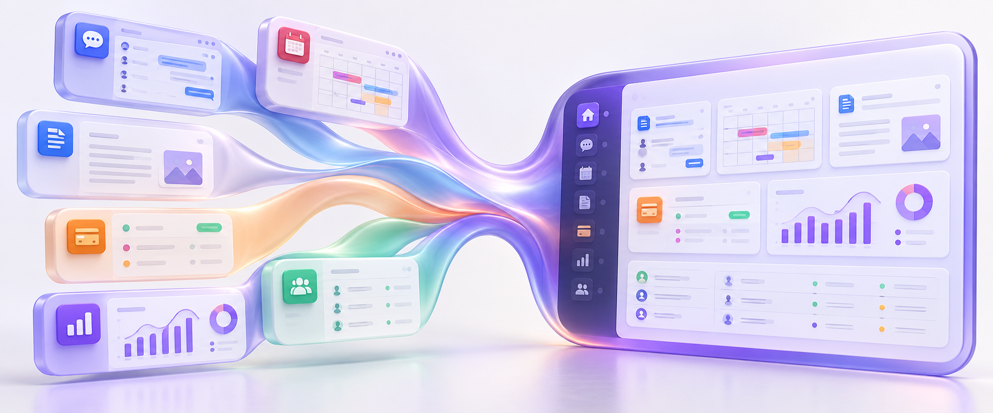 Separate messaging, calendars, documents, payments, reports and customer tools flowing into one unified platform