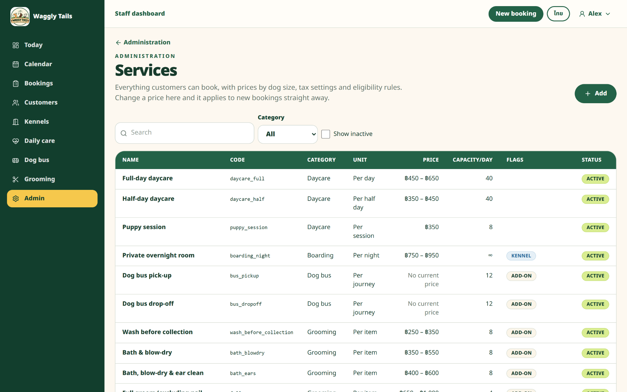 Waggly Tails services and prices screen