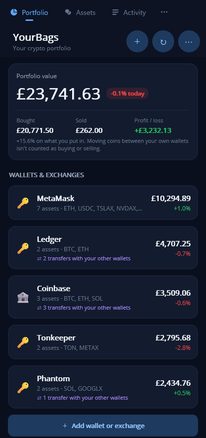 YourBags screenshot: portfolio overview