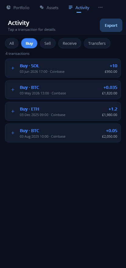 YourBags screenshot: filter purchases
