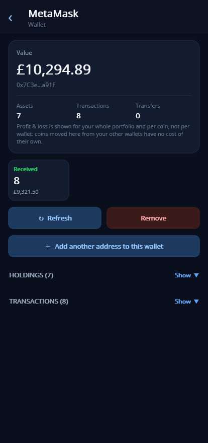 YourBags screenshot: compact wallet view