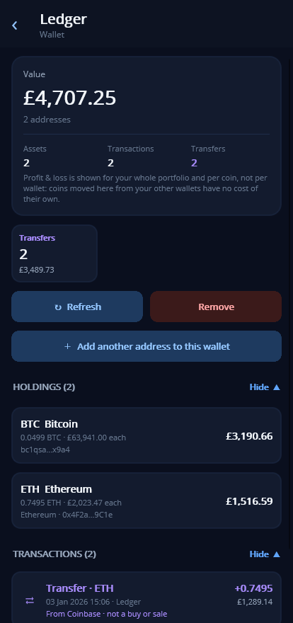 YourBags screenshot: hardware wallet holdings