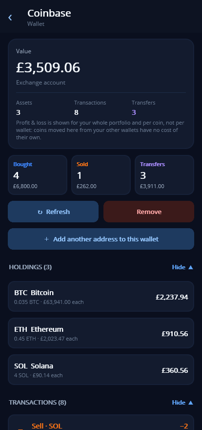 YourBags screenshot: coinbase account