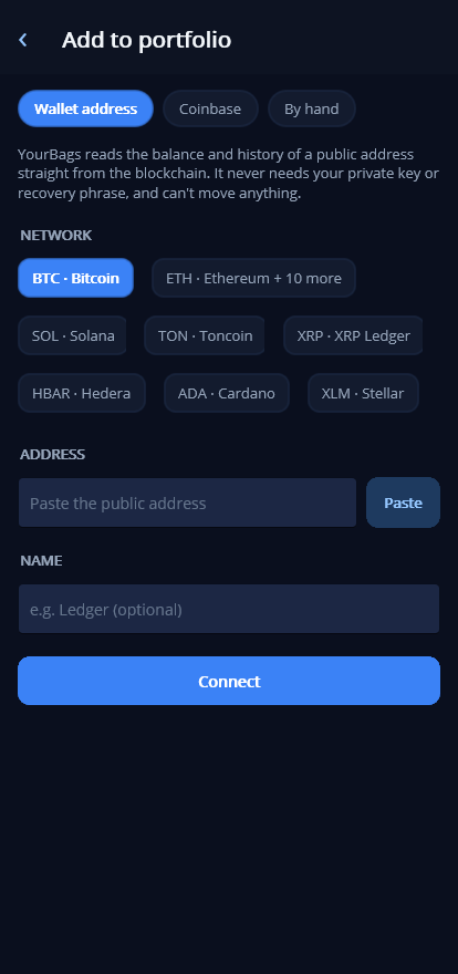 YourBags screenshot: add a wallet or exchange